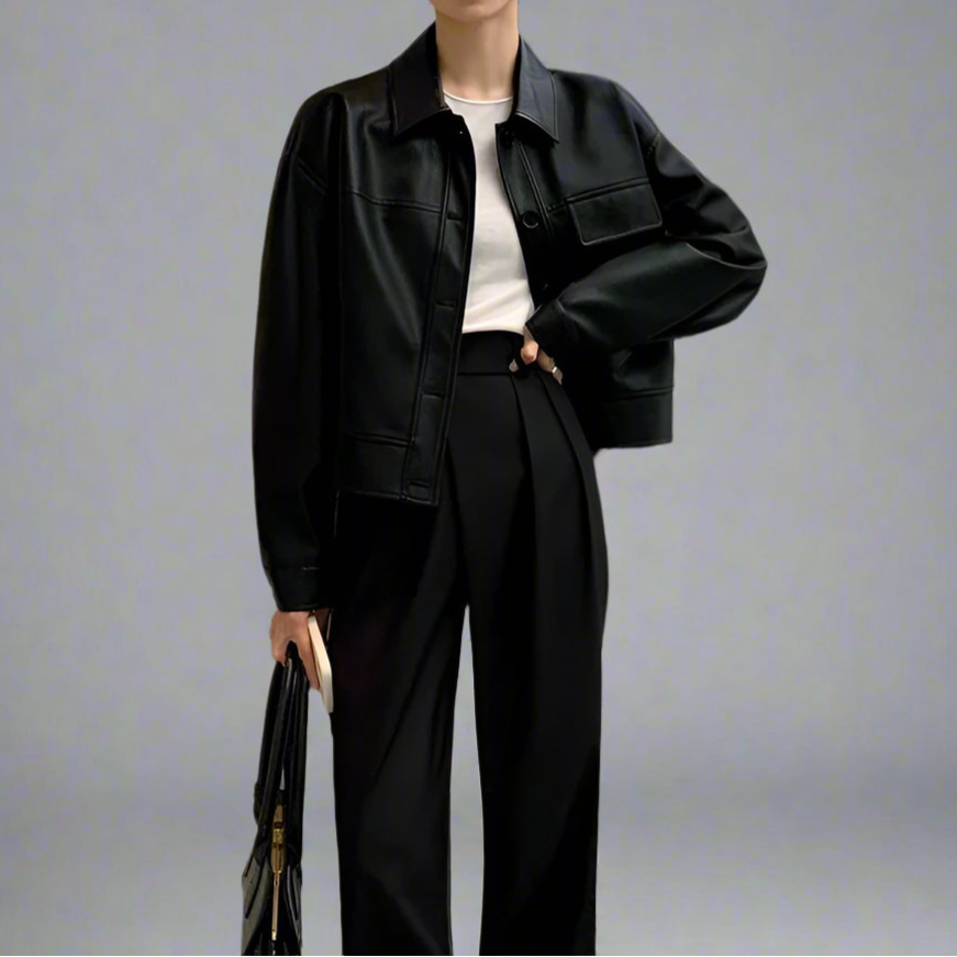Jet-Black Crop Leather Jacket