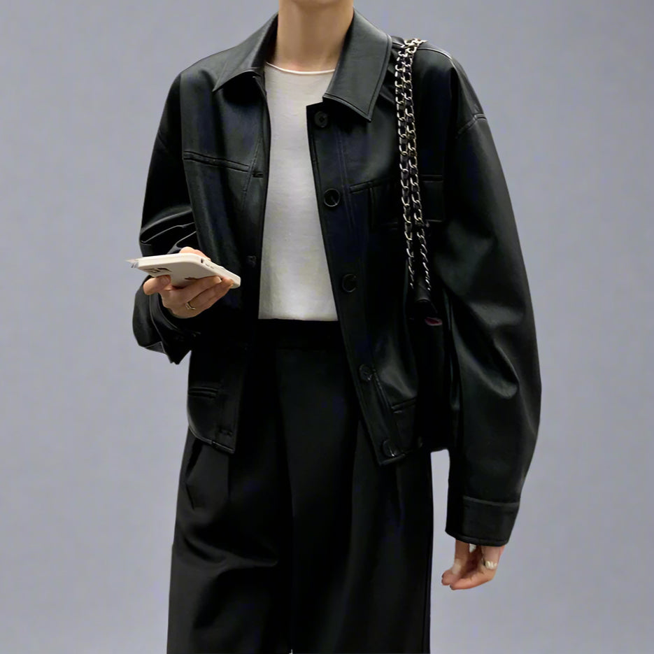 Jet-Black Crop Leather Jacket