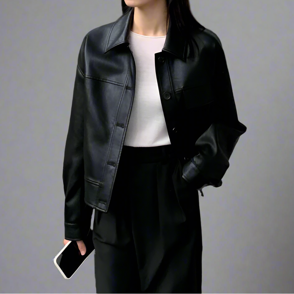 Jet-Black Crop Leather Jacket