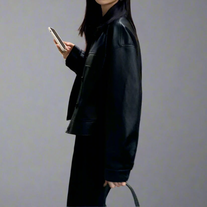 Jet-Black Crop Leather Jacket