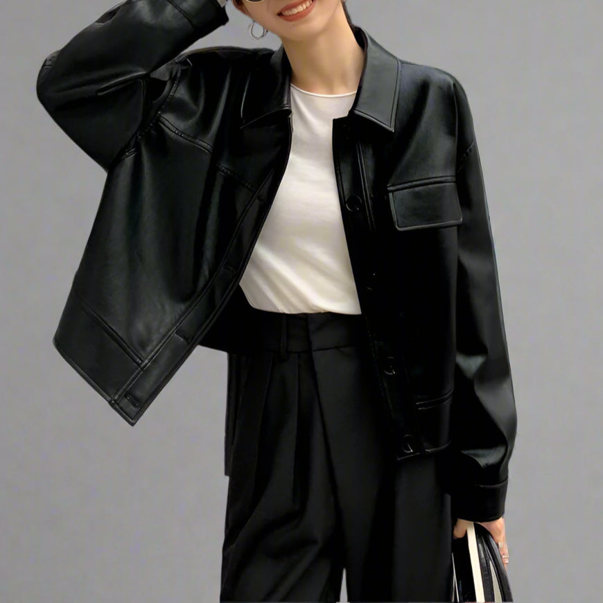Jet-Black Crop Leather Jacket