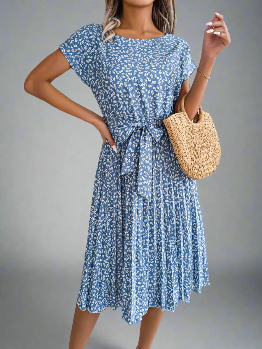 Short Sleeve High Waist Chic Dress Floral Pleated
