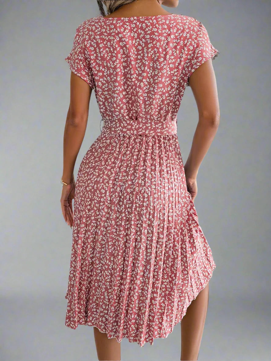 Short Sleeve High Waist Chic Dress Floral Pleated