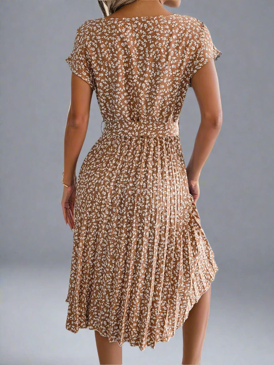 Short Sleeve High Waist Chic Dress Floral Pleated