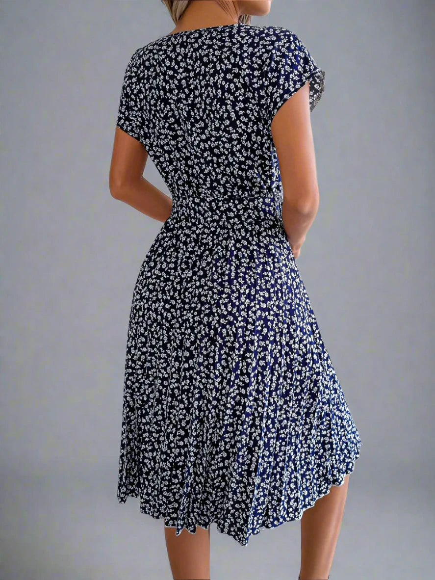 Short Sleeve High Waist Chic Dress Floral Pleated