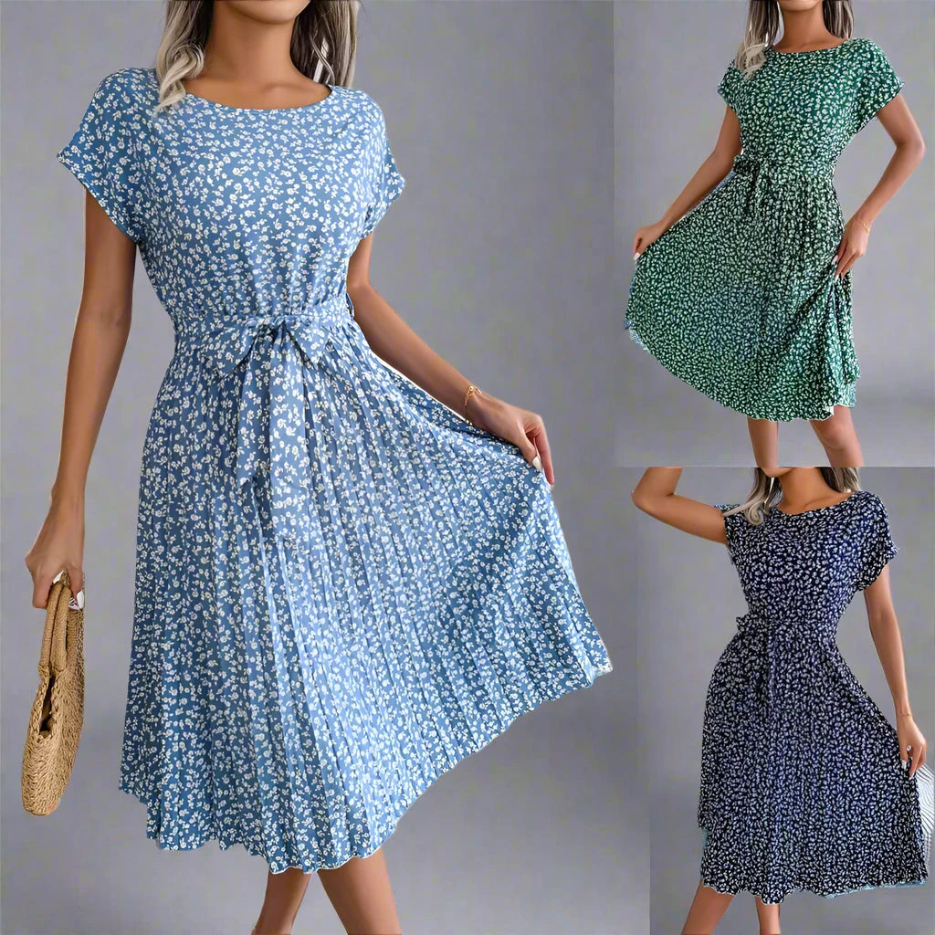 Short Sleeve High Waist Chic Dress Floral Pleated