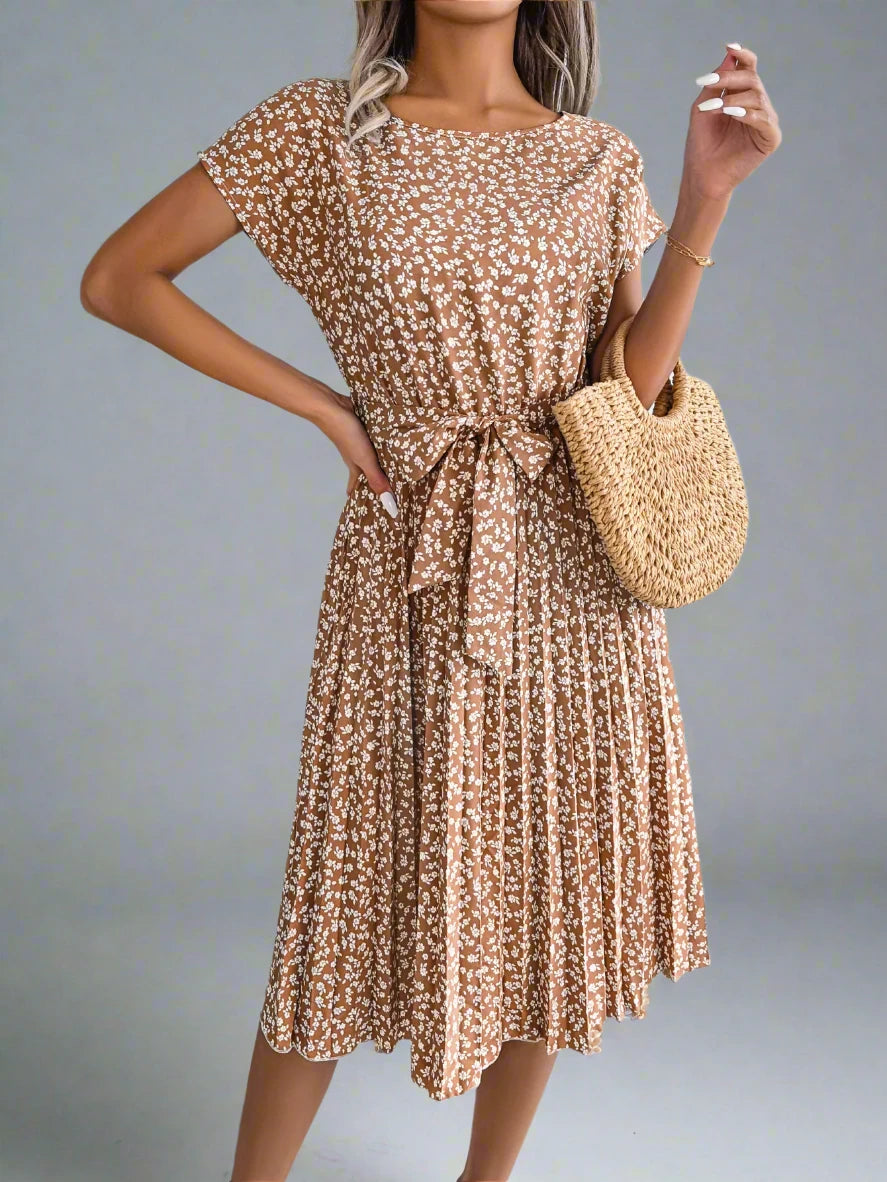 Short Sleeve High Waist Chic Dress Floral Pleated