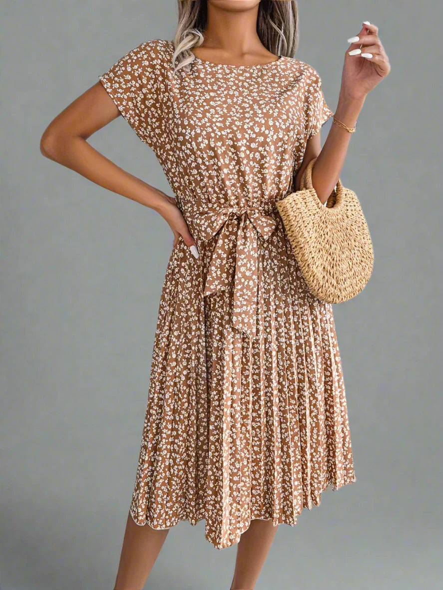 Short Sleeve High Waist Chic Dress Floral Pleated