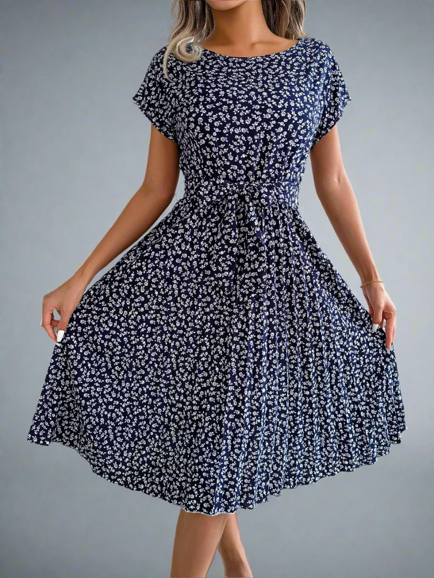 Short Sleeve High Waist Chic Dress Floral Pleated