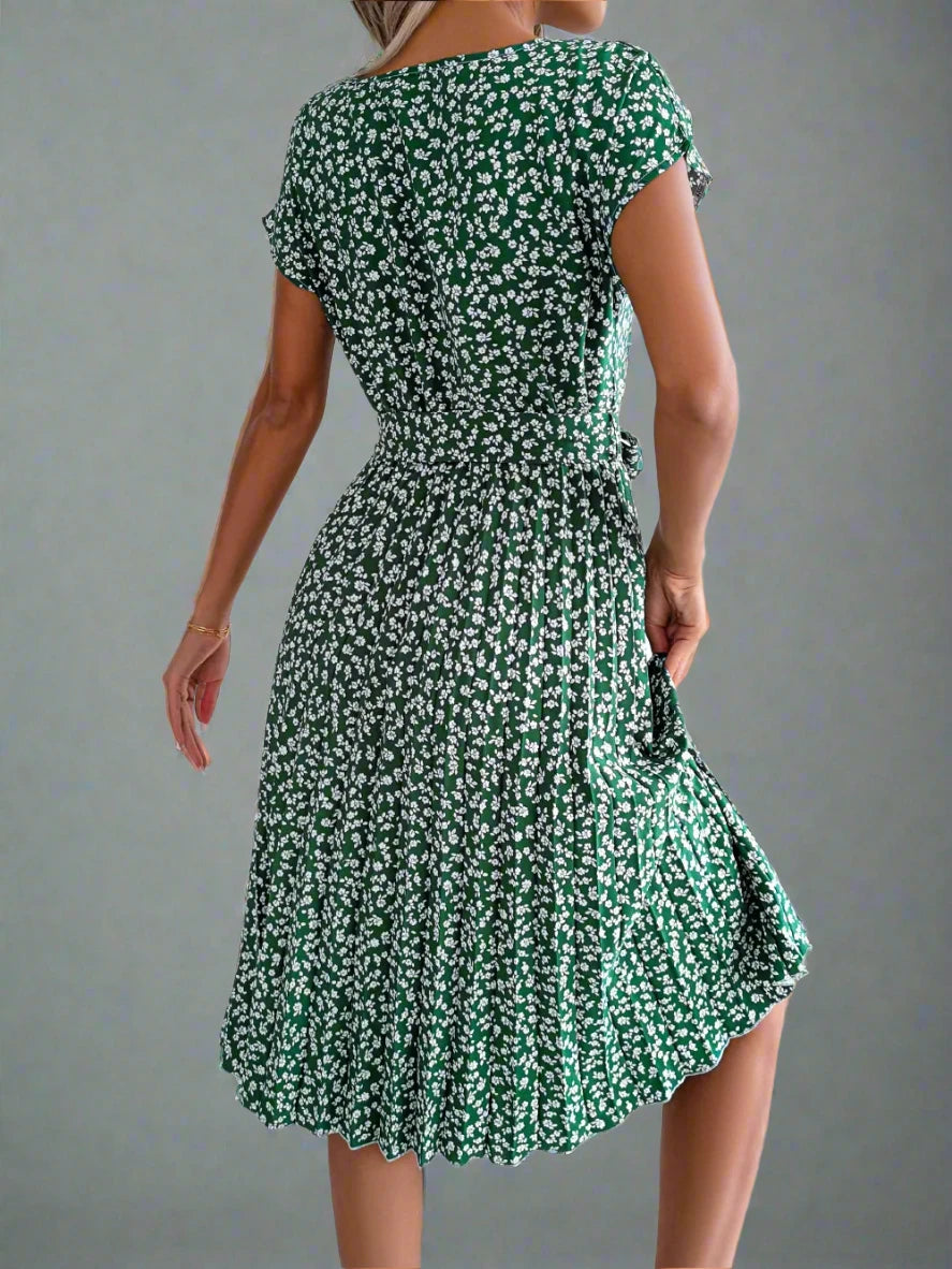 Short Sleeve High Waist Chic Dress Floral Pleated