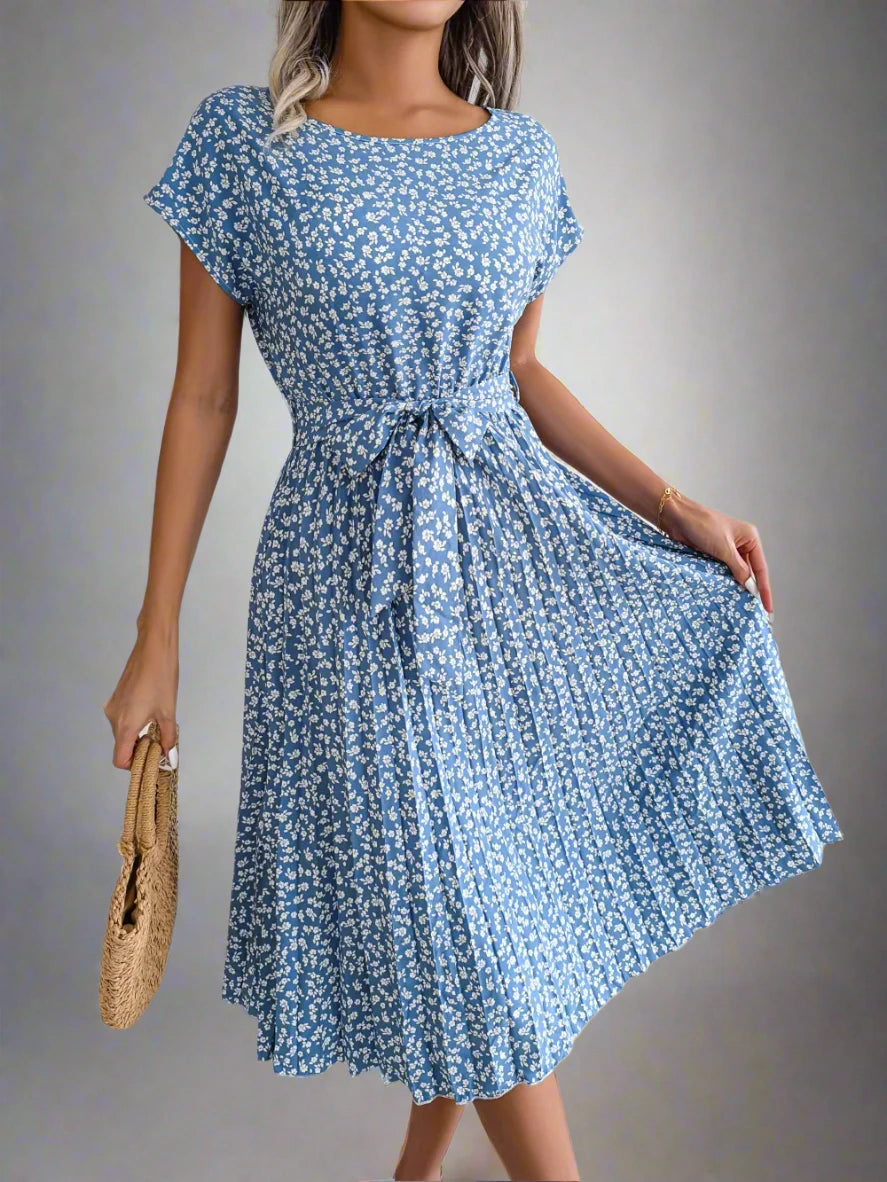Short Sleeve High Waist Chic Dress Floral Pleated
