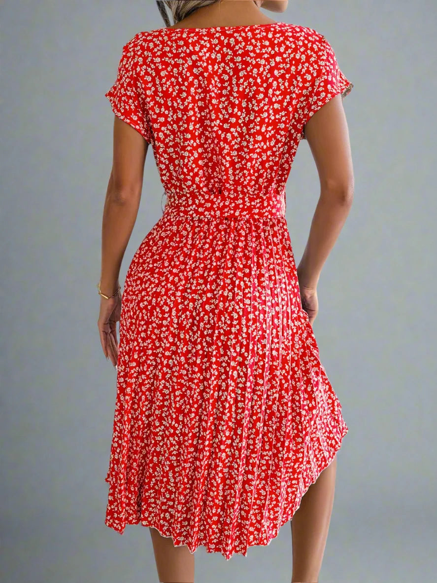 Short Sleeve High Waist Chic Dress Floral Pleated