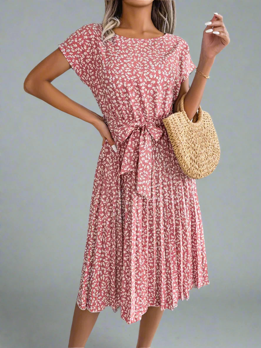 Short Sleeve High Waist Chic Dress Floral Pleated