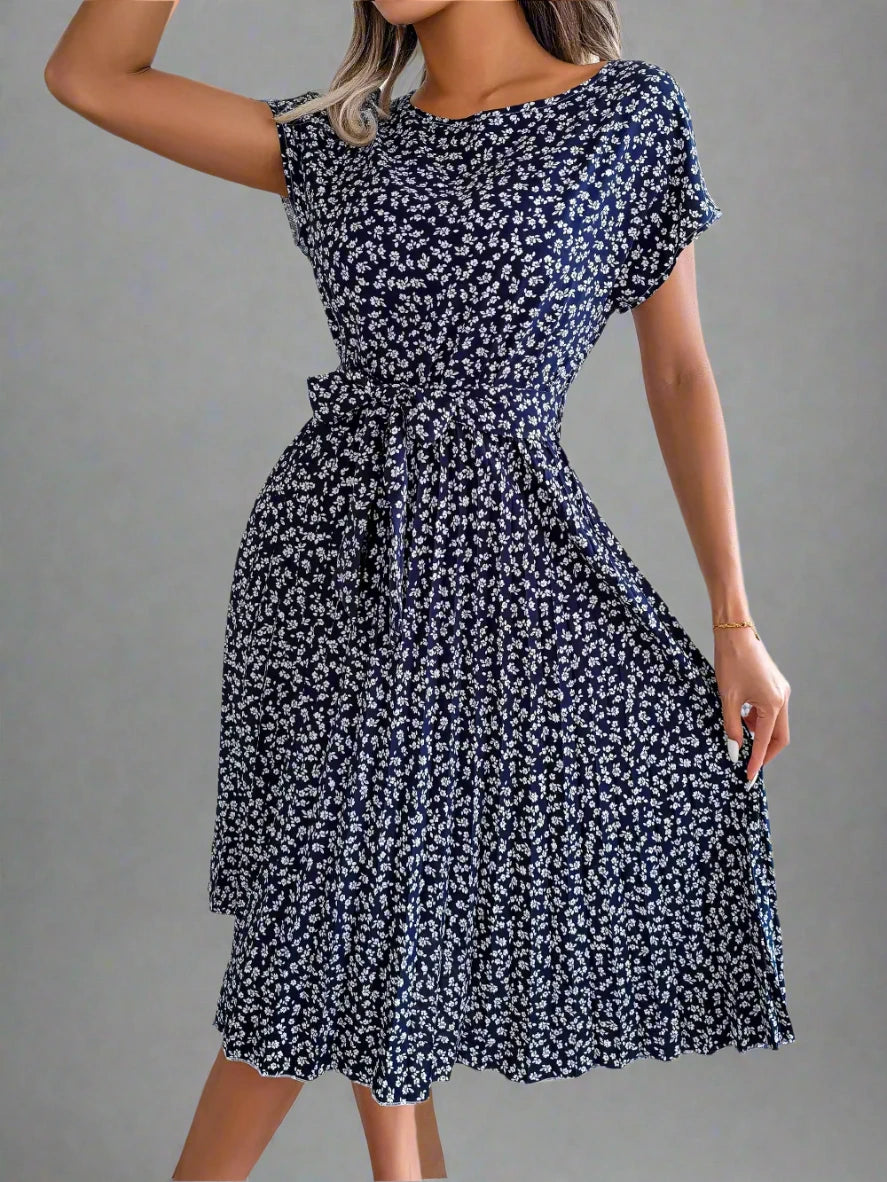 Short Sleeve High Waist Chic Dress Floral Pleated